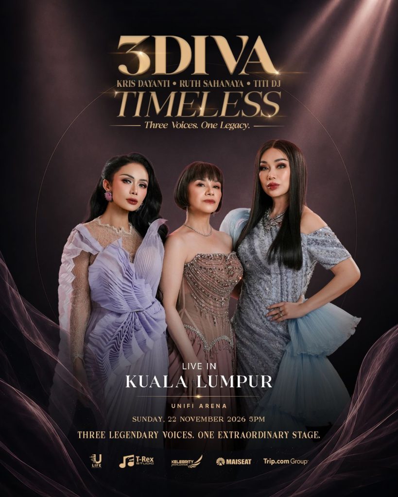 Poster rasmi konsert 3DIVA TIMELESS memaparkan Kris Dayanti, Ruth Sahanaya dan Titi DJ anggun bergaun malam di Unifi Arena