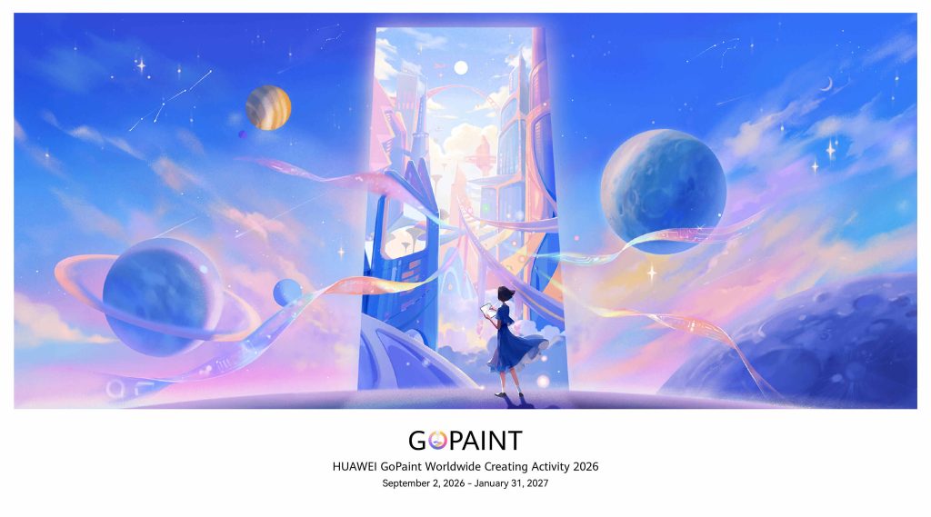 HUAWEI GoPaint Worldwide Creating Activity 2026 official artwork poster featuring a digital artist in a fantasy landscape