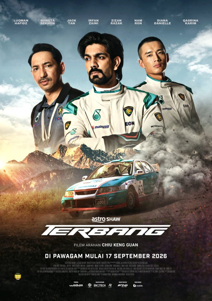 Poster promosi tayangan pawagam filem TERBANG terbitan Astro Shaw memaparkan barisan pelakon utama berpakaian sut pemandu rali
