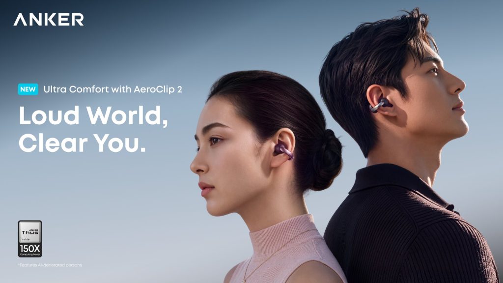 Male and female models wearing Anker soundcore AeroClip 2 open-ear earbuds with the campaign slogan