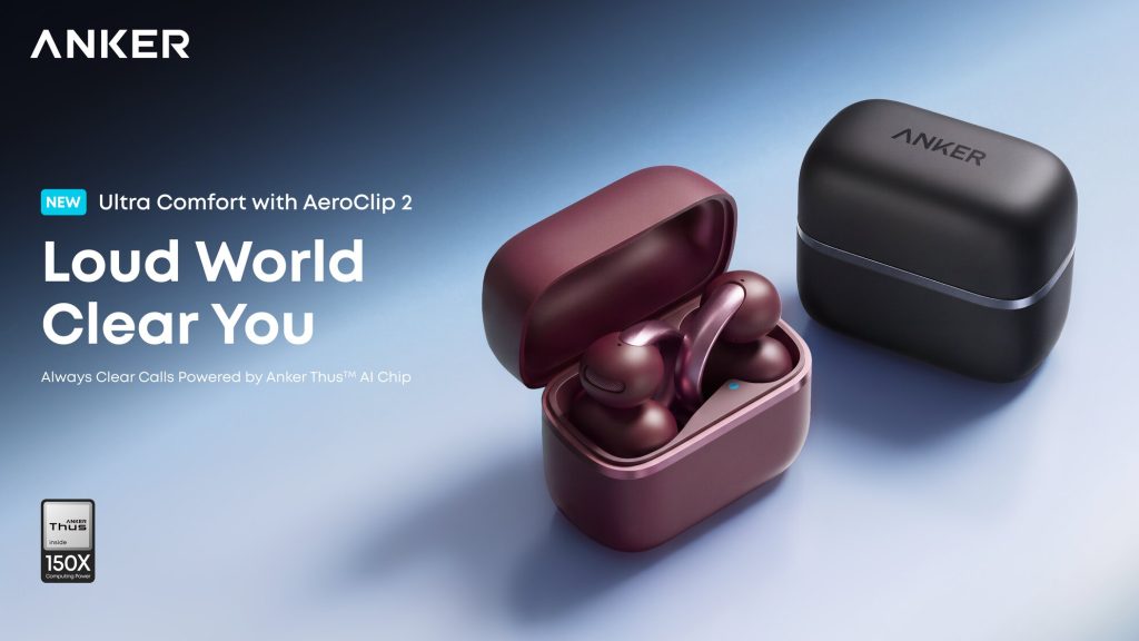 Anker soundcore AeroClip 2 open-ear earbuds in Burgundy Red shown alongside the wireless charging case