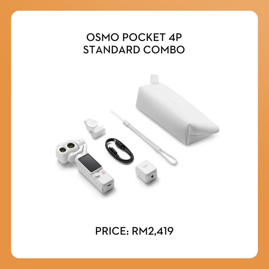 Senarai aksesori dan kelengkapan dalam pakej jualan standard DJI Osmo Pocket 4P Pearl White berharga RM2,419