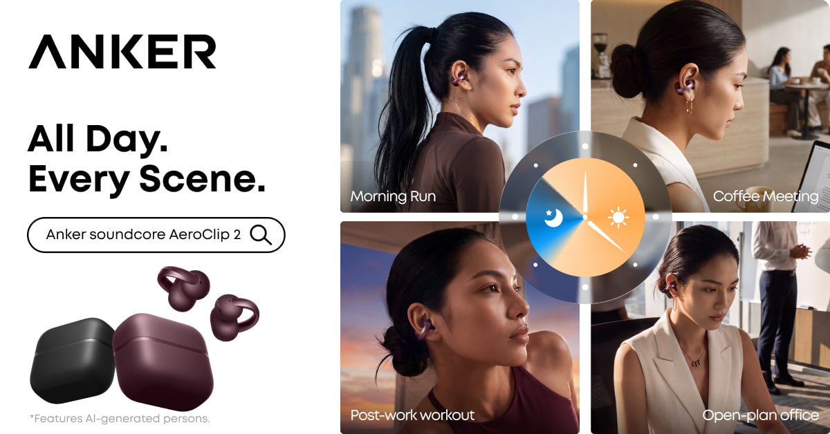 Promotional banner for Anker soundcore AeroClip 2 showing the charging cases and four lifestyle scenes throughout the day