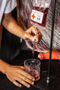 Type O-Negative exclusive Halloween cocktail served in a blood donor bag at Aloft by Marriott Langkawi