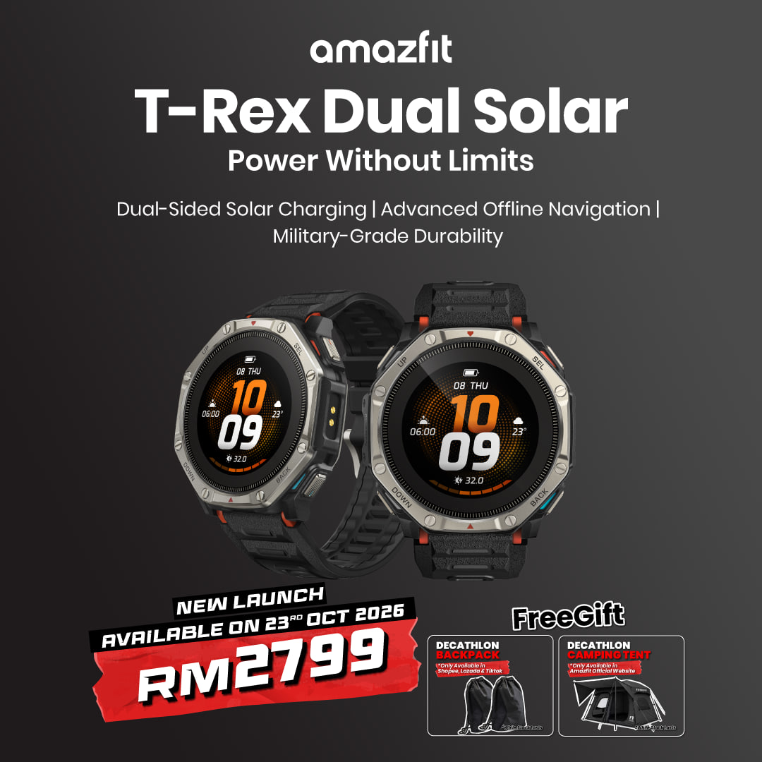 Poster promosi rasmi jam tangan pintar Amazfit T-Rex Dual Solar berserta tawaran harga dan hadiah percuma