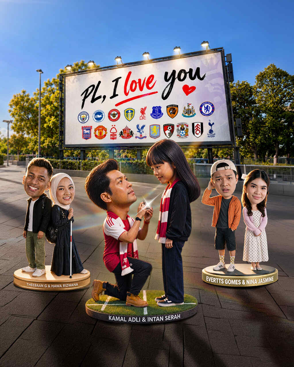 Poster promosi drama PL I Love You menampilkan replika karikatur barisan pelakon berlatar papan tanda logo kelab EPL