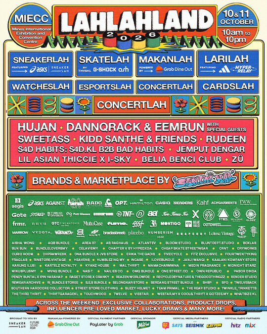 Event itinerary and brand lineup poster for LahLahLand 2026 at MIECC Seri Kembangan